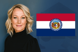 Marcy Markes beside the Missouri state flag with a subtle legal-themed background.